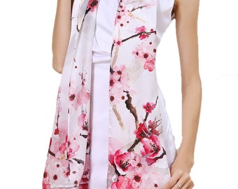 Grace Scarves 100% Silk Scarf, Oblong, Sateen, Cherry Blossoms, White
