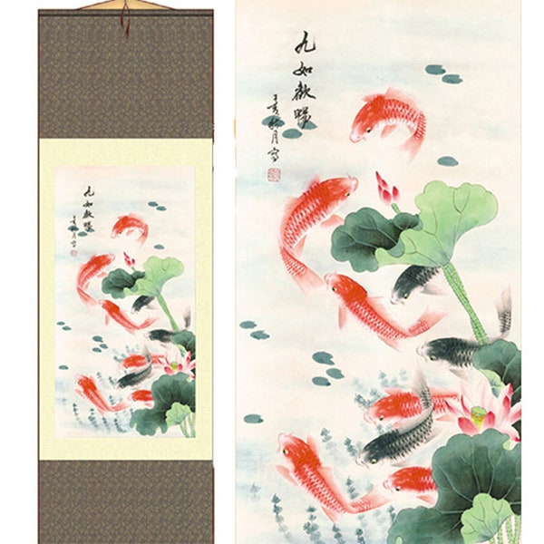 Grace Art® Asian Wall Scroll, The Nine Singing Fish