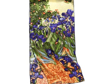 Grace Scarves 100% Silk Scarf With Hand Rolled Edges, Oblong, Artists Collection, Van Gogh, Irises in the Garden