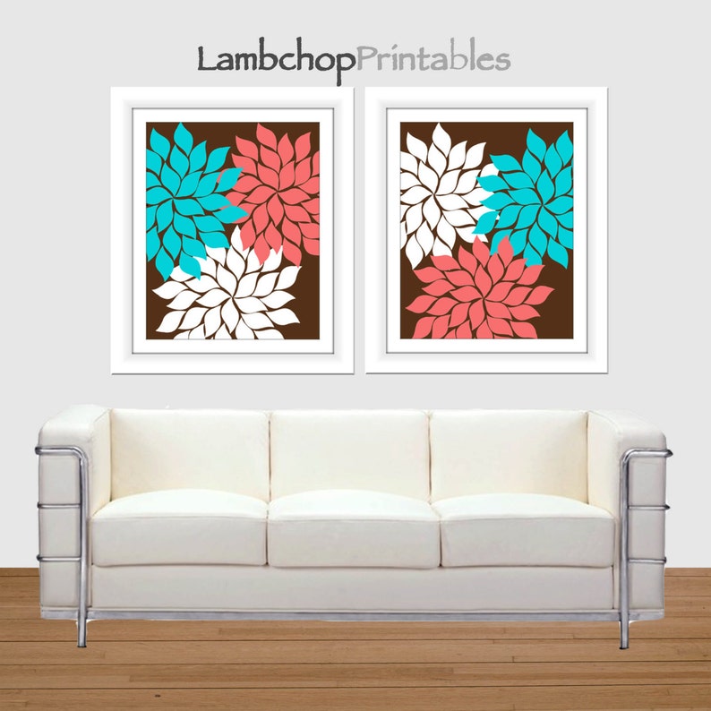 Turquoise, Coral, Flower Wall Art, Set of 2, Printable Home Decor