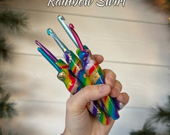 Ready to Ship ** Crochet Hooks - Rainbow Swirl - Comfort Grip - Polymer Ergonomic Crochet Hooks  - Custom Knitting Tool - Novelty Hooks