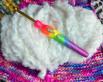 Made To Order ** Custom Crochet Hook, Neon Rainbow, Comfort Grip, Polymer Ergonomic Crochet Hooks, Custom Knitting Tool,  Novelty Hooks, fun