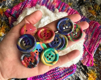 Buttons, Large Buttons, Handmade Polymer Clay Buttons - Assorted Colors & Shapes - Unique Eccentric Novelty