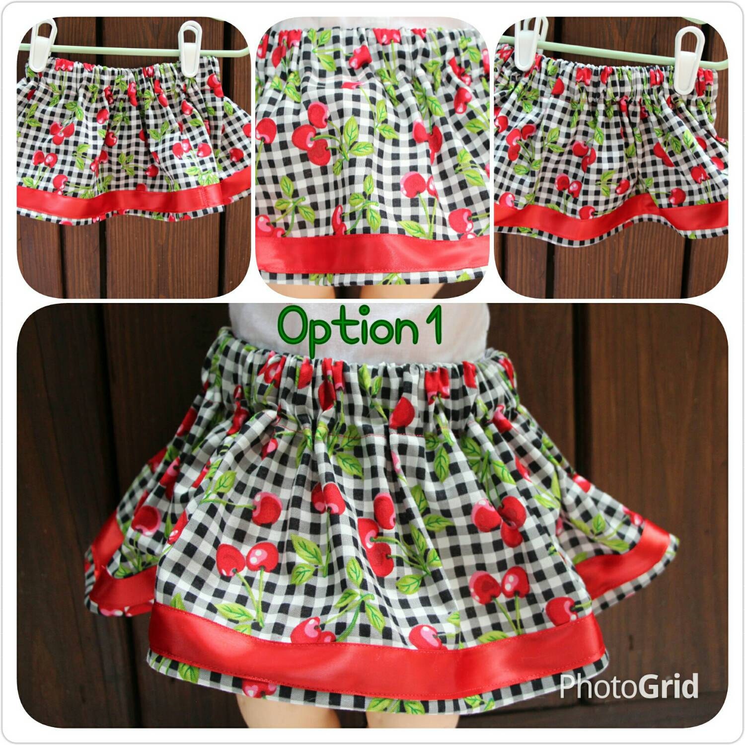 Bing Cherry Black Gingham Knee Length Skirt w Red Satin Trim