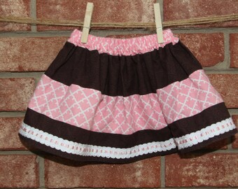 Brown and Pink Tiered Knee Length Skirt with lace trim