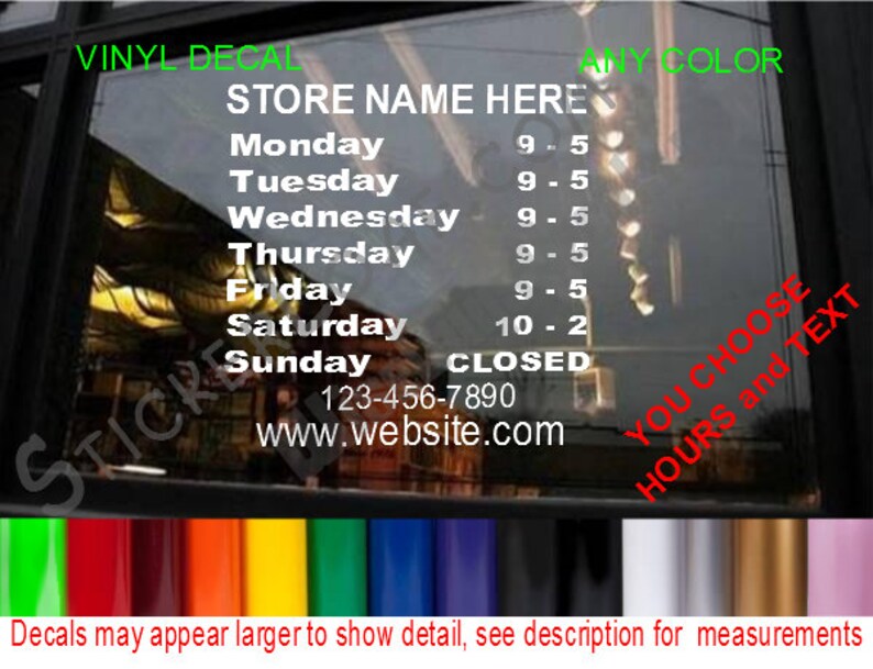 Window Store Hours Sticker STORE HOURS Custom Window Decal Business Shop Storefront Vinyl Door ...