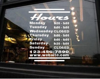 STORE HOURS CuStOm Window Decal Business Shop Storefront Door sign Bakery Gym Personalized Sticker Decals Stickers Barber Grocery Diner pub