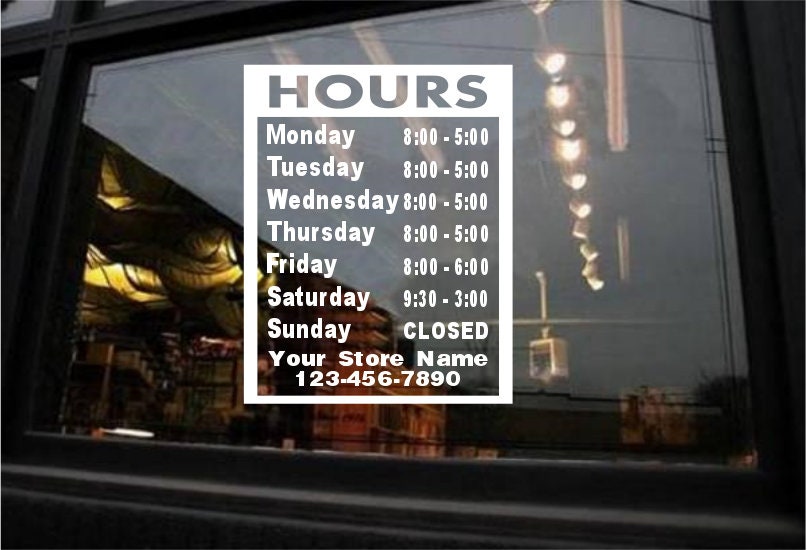 Window Store Hours Sticker STORE HOURS Custom Window Decal Business Shop Storefront Door Sign ...