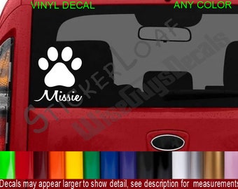 Custom Paw Pet Name Decal personalized sticker Decals CAT Cats kittens kitten DOG Dogs Puppy Puppies pets heart rescue car truck stickers