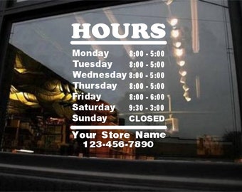 STORE HOURS CuStOm Window Decal Business Shop Storefront Door sign Bakery Gym Personalized Sticker Decals Stickers Barber Grocery Diner pub