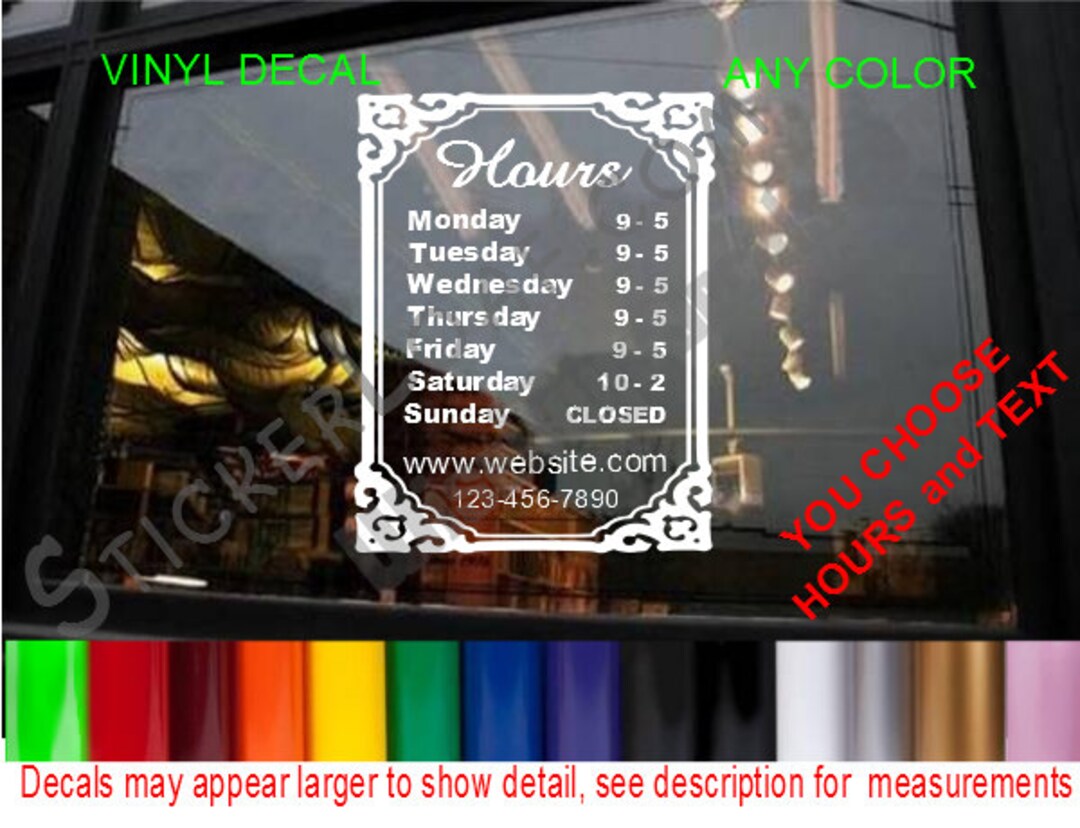 Window Store Hours Sticker STORE HOURS Custom Window Decal Business Shop Storefront Door Sign ...