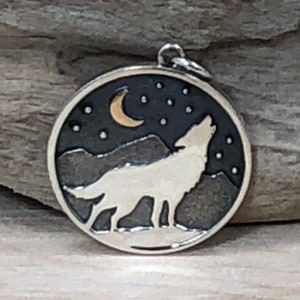 Silver Wolf and Mountain Pendant with Bronze Moon, Wolf Charm, Sterling Silver Wolf Pendant, Howling Wolf Charm