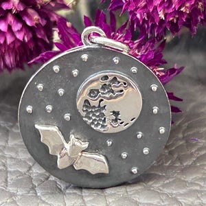 Sterling Silver Full Moon and Bat Charm, Bat Charm, Hanging Bat Charm, Vampire Charm, Halloween Charm, Sterling Silver Charm