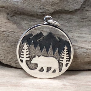 Sterling Silver Bear Charm in Mountain Meadows, Sterling Silver Bear Charm with Mountains and Trees, Bear Charm, Bear Pendant, Animal Charm