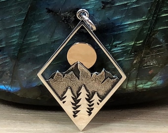 Mountain Charm with Bronze Moon, Sterling Silver Mountain Charm in Diamond Frame, Mountain Charm, Outdoors Charm, Sterling Silver Charm