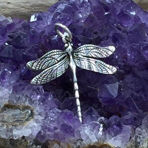 May include: A silver dragonfly pendant with detailed wing patterns rests on a vibrant purple amethyst crystal. The dragonfly's delicate design is highlighted against the crystal's textured surface, creating a striking contrast.