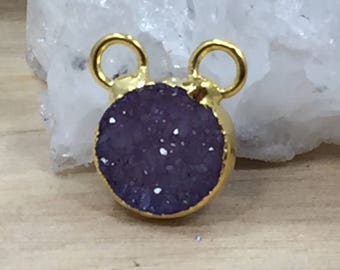 Druzy Connector, Small Druzy Connector, Round Druzy Connector, Druzy, Drusy, 18K Gold Plated Connector, Tiny, 10mm, Dyed, Purple, PG0950C