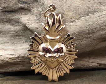 Bronze Flaming Sacred Heart Pendant with Thorns, Sacred Heart Charm, Bronze Heart Charm, Heart Charm