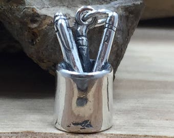 Pencil Holder Charm, Pen Holder Charm, Pencil Charm, School Charm, Teacher Charm, Student Charm, Sterling Silver Charm, Teacher Appreciation