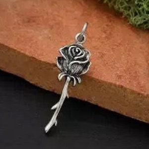 Rose Charm, Stemmed Rose Charm, Flower Charm, Sterling Silver Charm, Silver Pendant, Rose Pendant, Flower Pendant