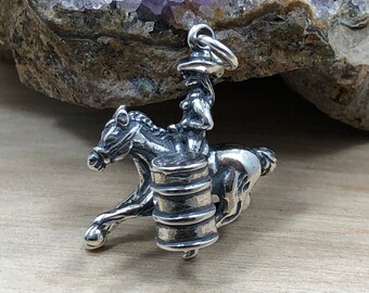 Barrel Rider Charm, Barrel Racer Charm, Horse and Barrel Charm, Western Charm, Cowgirl Charm, Sterling Silver