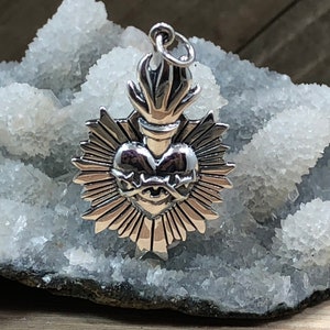 Sterling Silver Flaming Sacred Heart Pendant with Thorns, Sacred Heart Charm, Sterling Silver Heart Charm, Heart Charms