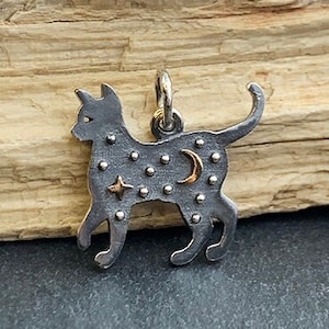 Sterling Silver Cat Charm with Bronze Star and Moon, Silhouette Cat Charm, Cat Charm, Animal Lover Charm, Animal Charm, Black Cat Charm