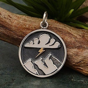 Silver Mountain Charm with Cloud and Bronze Lightning, Sterling Silver Mountain Charm, Lightening Charm, Outdoors Charm