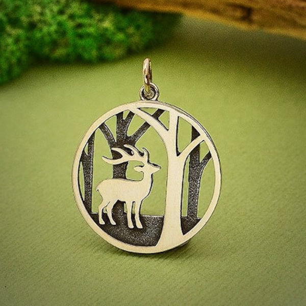 Sterling Silver Deer Charm with Trees, Deer Charm, Buck Charm, Stag Charm, Deer Pendant, Sterling Silver Charms
