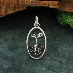 Sterling Silver Seed and Sprout Charm, Sprout With Roots Charm, Plant Charm, Plant Lover Charm, Plant Lover Gift, Environmental Science