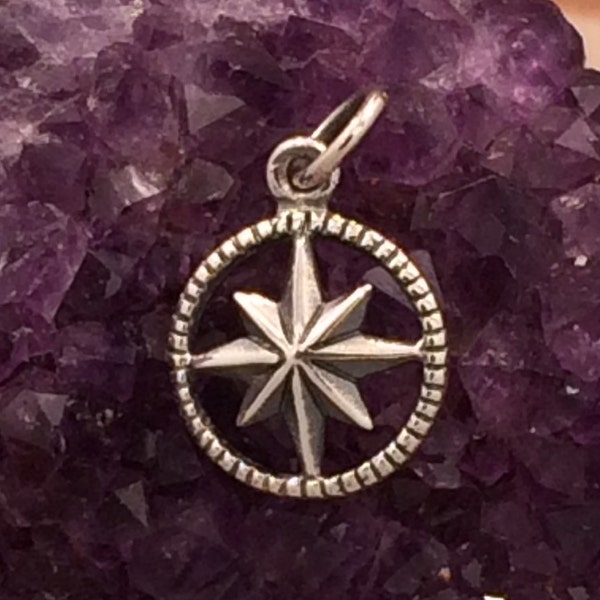 Compass Star Charm, Starburst Compass Pendant, Sterling Silver Compass Charm,  Nautical Charm, Nautical Pendant, PS01328