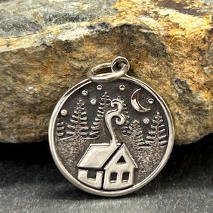 Sterling Silver Cabin Charm with Trees and Moon, Cabin Charm, Log Cabin Charm, Wilderness Charm, Camping Charm, Sterling Silver