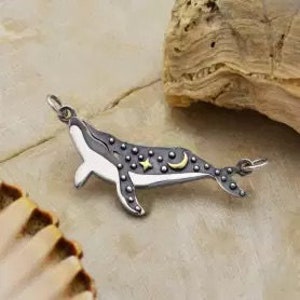 Sterling Silver Whale Charm with Bronze Star and Moon, Whale Charm, Whale Pendant, Sterling Silver Charm, Realistic Whale Charm