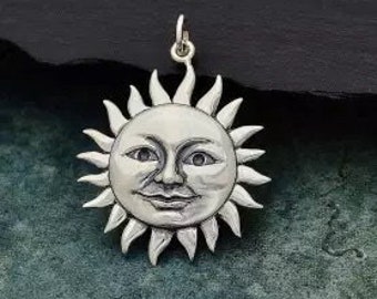 Sterling Silver Large Smiling Sun Pendant, Smiling Sun Charm, Sun Charm, Sunshine Charm, Celestial Charm, Sun Pendant, Sterling Silver