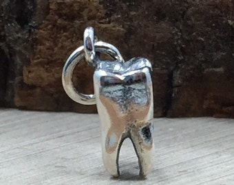May include: A silver-colored tooth charm with a detailed molar design. The charm has a small loop for attaching to a necklace or bracelet. The tooth has a realistic shape and texture, with a small cavity visible.