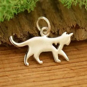 Cat Silhouette Charm, Cat Charm with Heart, Sterling Silver Cat Charm, Animal Lover Charm, Animal Lover Pendant, Animal Charm, PS01496