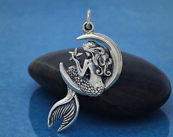 Sterling Silver Mermaid on the Moon Pendant, Mermaid Charm, Mermaid Pendant, Princess Charm, Sterling Silver Charm, Ocean Charm, Beach Charm