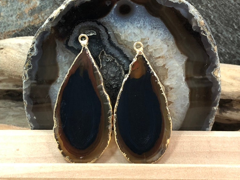 Black Agate Slice Pair Black Geode Slice Pair Dyed Black Geode Slice PG3809AP Black Agate Slice Black Agate Slice Gold Plated