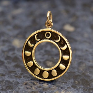 Moon Charm, Phases of the Moon Charm, Etched Phases of the Moon on a Circle, Celestial Charm, Moon Phases Charm, Bronze