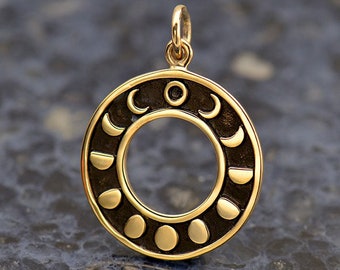 Moon Charm, Phases of the Moon Charm, Etched Phases of the Moon on a Circle, Celestial Charm, Moon Phases Charm, Bronze