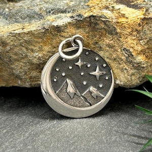 Mountain Range Charm, Sterling Silver Snow Cap Mountain Charm with Moon, Mountain Charm, Nature Charm, Outdoors Charm, Sterling Silver Charm