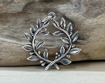 Sterling Silver Laurel Wreath Pendant, Laurel Wreath Charm, Flower Charm, Sterling Silver Charm, Wreath Pendant