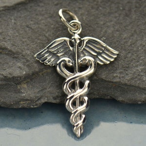 Caduceus Charm, Caduceus Pedant, Medical Charm, Doctor Charm, Sterling Silver Charm, Sterling Silver Pendant, Medical Staff Charm, PS01282