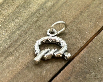 May include: A silver charm in the shape of a wreath with a twist in the center. The wreath is decorated with small beads.