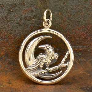 Raven and Moon Charm, Raven Pendant, Bird Charm, Flying Bird Charm, Bird Pendant, Sterling Silver Charm, Sterling Silver Pendant