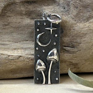 Sterling Silver Rectangle Mushrooms and Moon Charm, Sterling Silver Mushroom Charm, Sterling Nature Charm, Sterling Silver Moon Charm