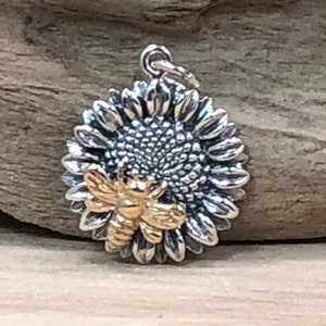 Sterling Silver Sunflower Charm with Bronze Bee, Sunflower Charm, Sunflower Pendant, Sun Flower Charm, Flower Charm, Garden Charm, Bee Charm