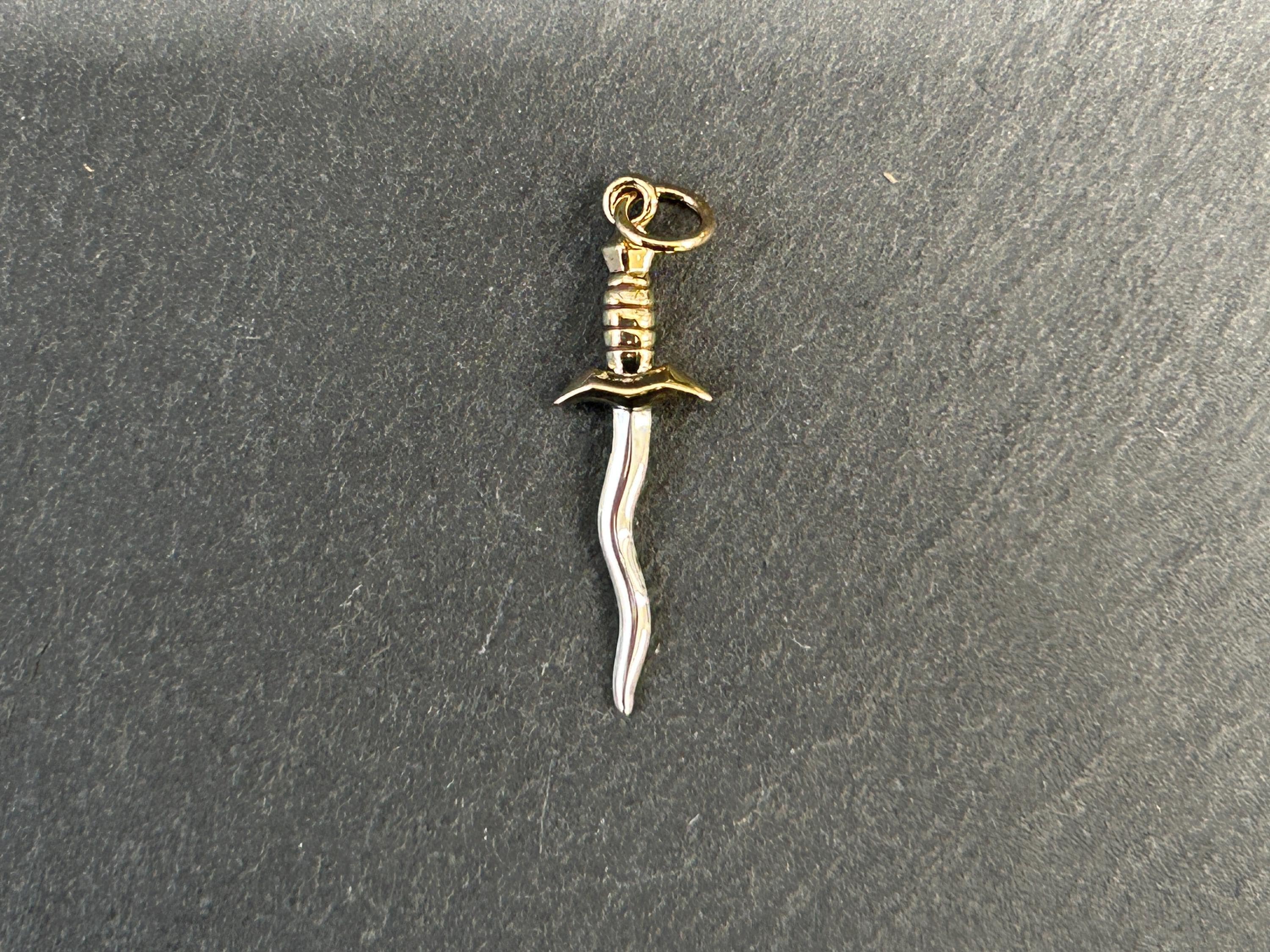 Sterling Silver Wavy Dagger Pendant With Bronze Handle, Dagger