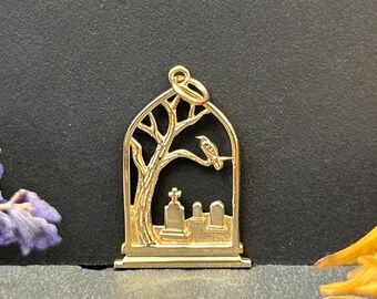 Bronze Graveyard Charm, Raven Charm, Tombstone Charm, Spooky Charm, Halloween Charm, Halloween Jewelry, Graveyard Jewelry