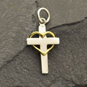 Cross Charm, Cross with Heart Charm, Sterling Silver Cross Charm, Religious Charm, Christian Charm